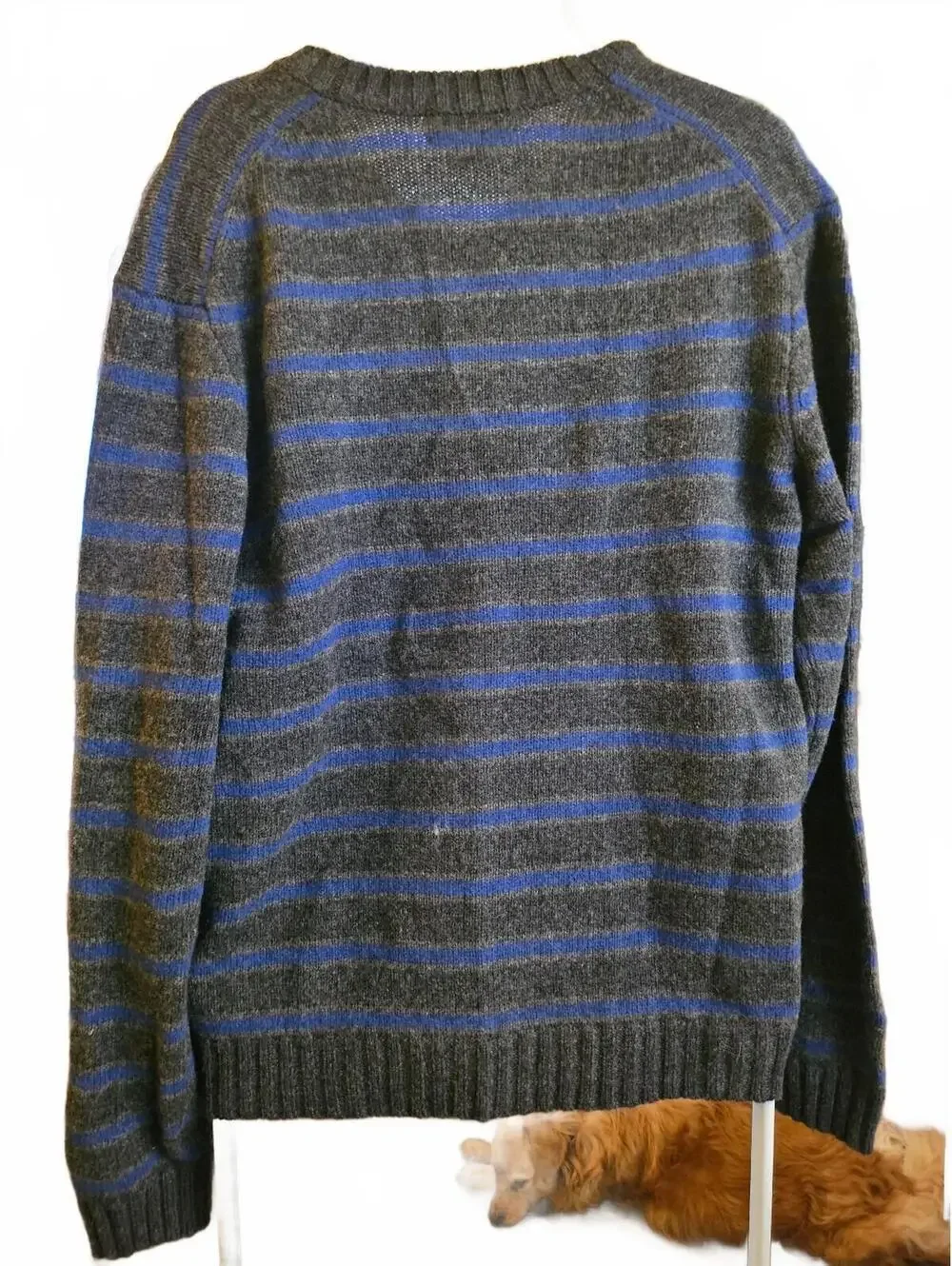 J Crew Grey/Blue Stripe 100% Wool Pullover V Neck Sweater - Size L - EUC